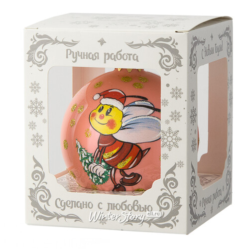 Стеклянный елочный шар Озорная пчелка Брукс 80 мм, розовый Коломеев