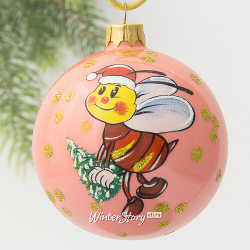 Стеклянный елочный шар Озорная пчелка Брукс 80 мм, розовый Коломеев