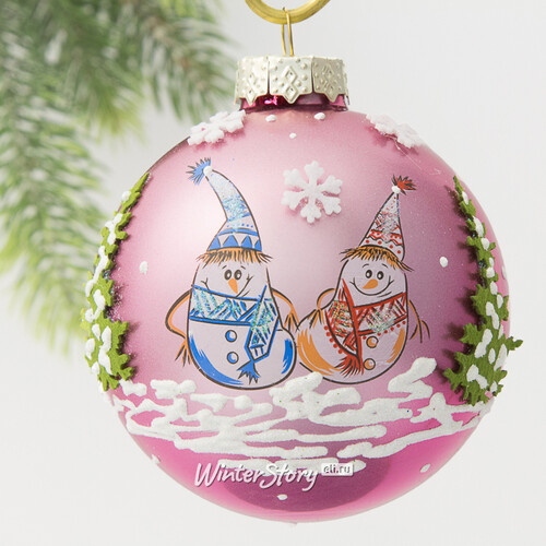 Стеклянный елочный шар Снеговики Вилли и Винни 85 мм, розовый Коломеев