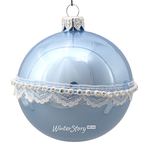 Стеклянный елочный шар Нежное кружево 85 мм, голубой Коломеев