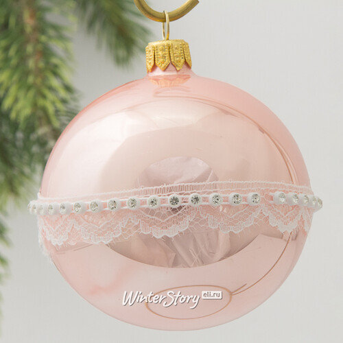 Стеклянный елочный шар Нежное кружево 85 мм, розовый Коломеев