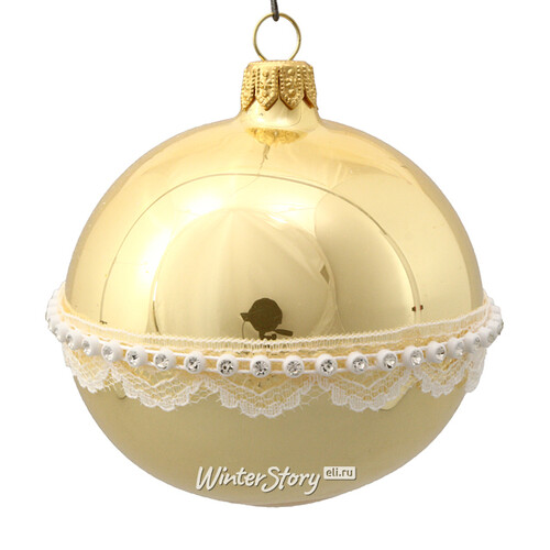 Стеклянный елочный шар Нежное кружево 85 мм, золотой Коломеев