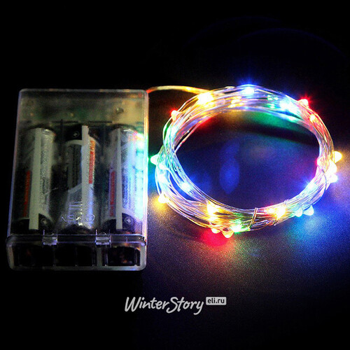 Светодиодная гирлянда Капельки на батарейках 30 разноцветных мини LED ламп 1.8 м, серебряная проволока, контроллер, IP20 Snowhouse