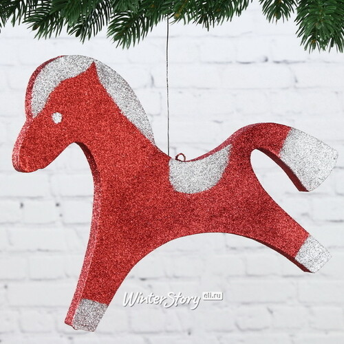 Игрушка для уличной елки Лошадь с блестками 25 см красно-серебряная, пеноплекс МанузинЪ