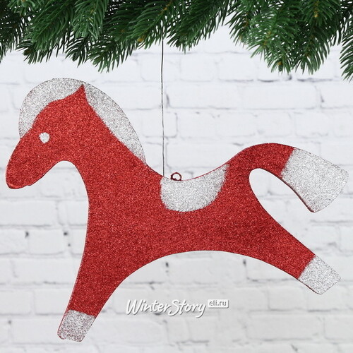 Игрушка для уличной елки Лошадь с блестками 25 см красно-серебряная, пеноплекс МанузинЪ