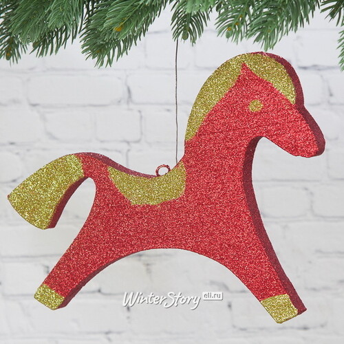 Игрушка для уличной елки Лошадь с блестками 25 см красно-золотая, пеноплекс МанузинЪ