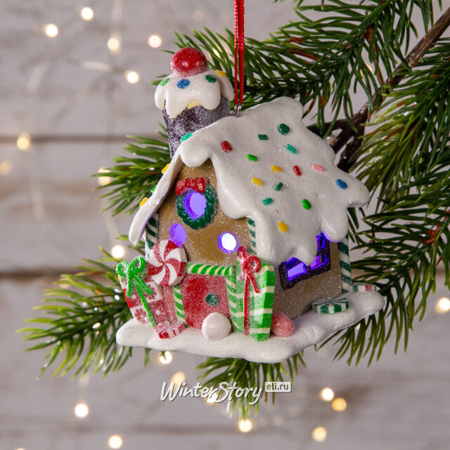 Светящаяся елочная игрушка Волшебный Пряничный Домик 8 см, подвеска Forest Market (Форест Маркет)