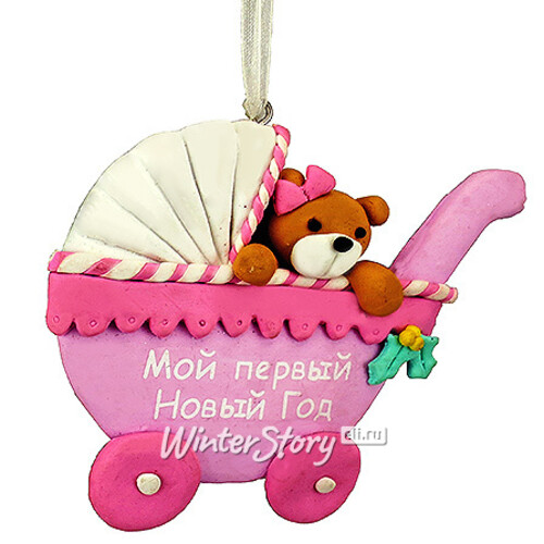 Елочное украшение "Медвежонок в коляске" розовый 8.5*1.5*10 см, подвеска Forest Market