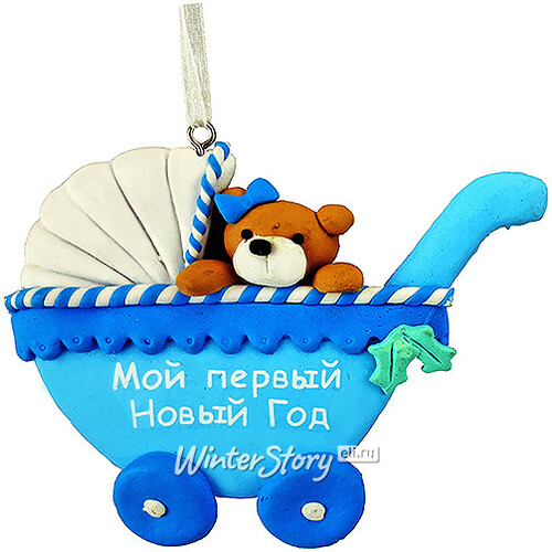 Елочное украшение "Медвежонок в коляске" голубой 8.5*1.5*10 см, подвеска Forest Market