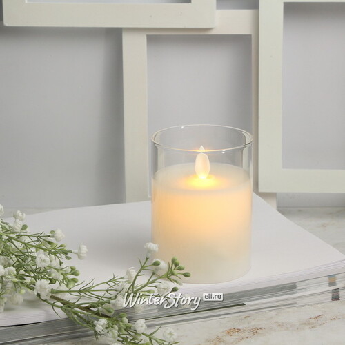 Светодиодная свеча с имитацией пламени Magic Flame в стакане 10 см белая Peha