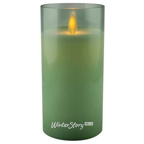 Светодиодная свеча с имитацией пламени Magic Flame в стакане 15 см зеленая Peha