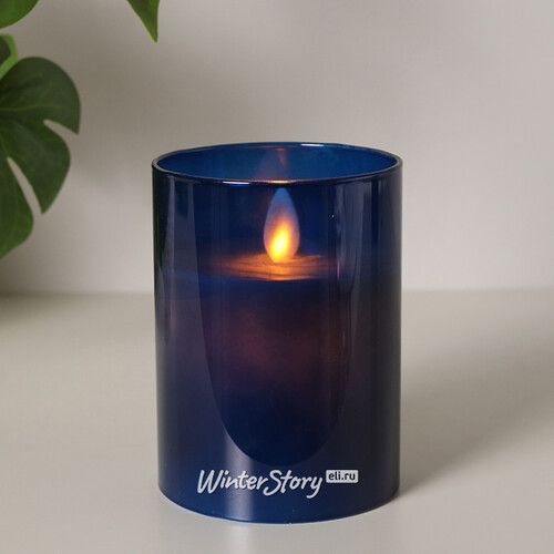 Светодиодная свеча с имитацией пламени Magic Flame в стакане 10 см синяя Peha