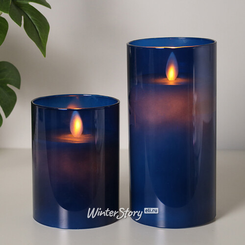 Светодиодная свеча с имитацией пламени Magic Flame в стакане 15 см синяя Peha