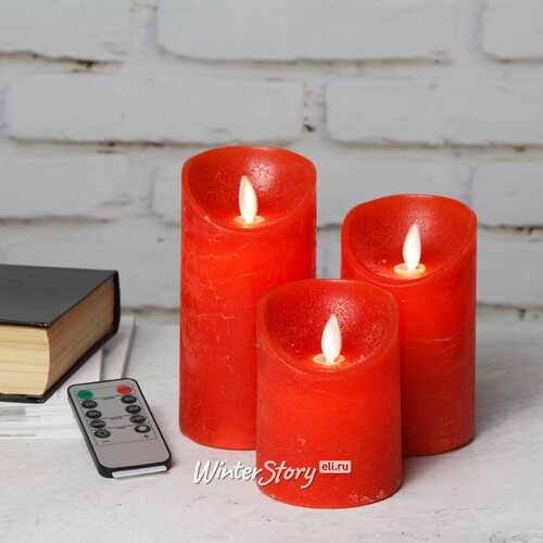 Набор восковых светодиодных свечей с имитацией пламени Magic Flame 11-15 см, 3 шт, с пультом, красные, на батарейках Peha