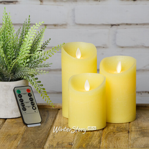 Набор свечей с имитацией пламени Magic Flame 12-17 см, 3 шт, с пультом управления, желтые, восковые Peha