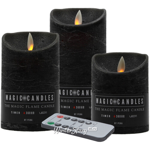 Набор свечей с имитацией пламени Ленорра Magic Flame 10-15 см, 3 шт, черные, с пультом управления Peha