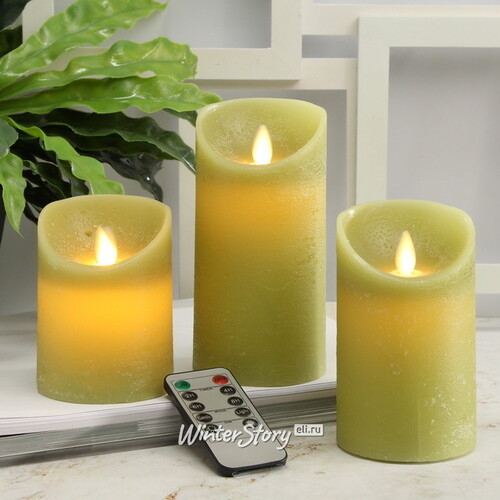 Набор свечей с имитацией пламени Ленорра Magic Flame 10-15 см, 3 шт, зеленые, с пультом управления Peha