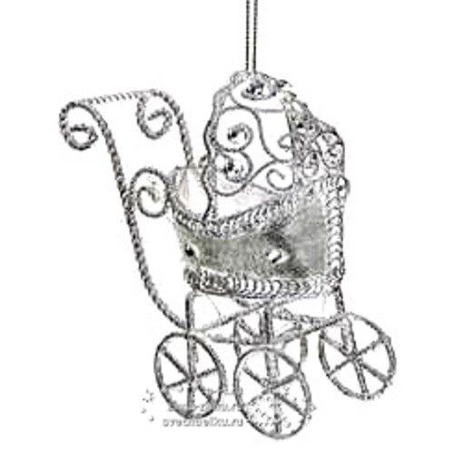 Елочная игрушка Коляска для Принцессы 11 см серебряная, подвеска Царь Елка