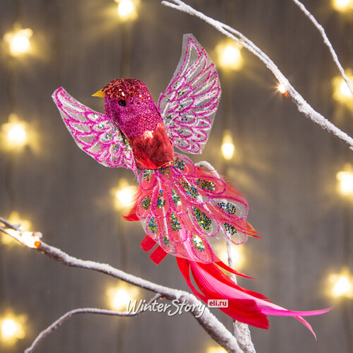 Елочная игрушка Райская птичка Джемма 20 см розовая, клипса Goodwill