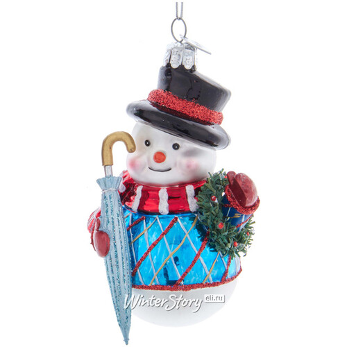 Стеклянная елочная игрушка Снеговик Юлиан в голубом свитере 10 см, подвеска Kurts Adler