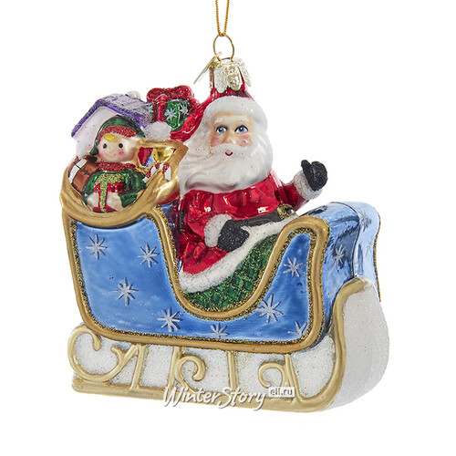 Стеклянная елочная игрушка Санта Клаус на санях 10 см, подвеска Kurts Adler