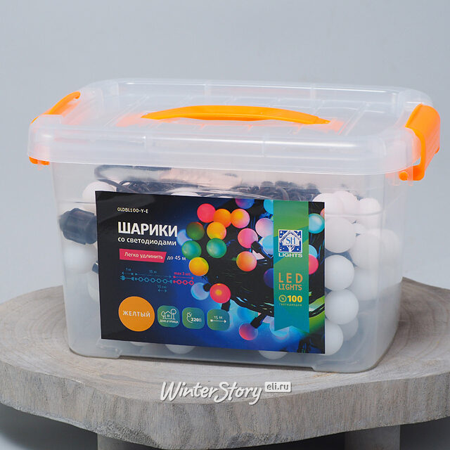 Светодиодная гирлянда Мультишарики 25 мм 100 желтых LED ламп 15 м, черный ПВХ, соединяемая, IP44 Snowhouse