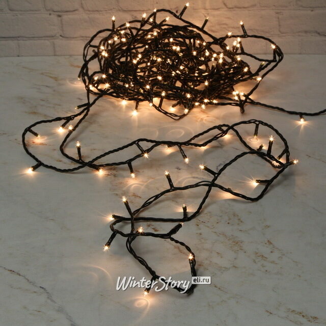 Электрогирлянда 200 теплых белых микроламп 10 м, черный ПВХ, соединяемая, IP44 Snowhouse