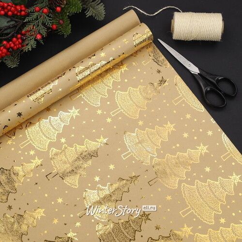 Новогодняя крафт бумага Xmas Style: Золотые Ели 200*70 см Koopman
