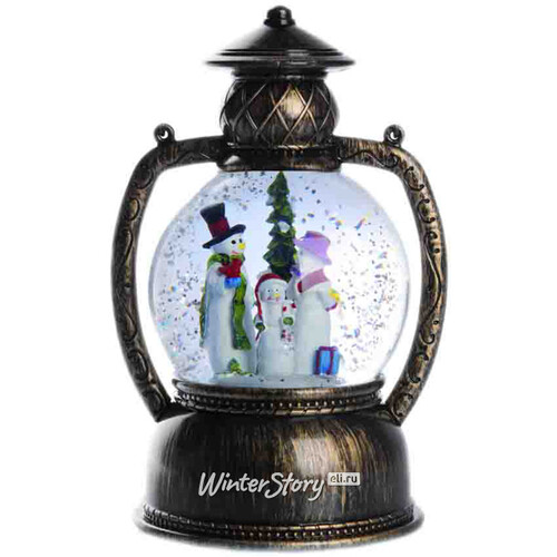 Новогодний фонарик - снежный шар Снеговички у елочки 25 см, LED подсветка, на батарейках Peha