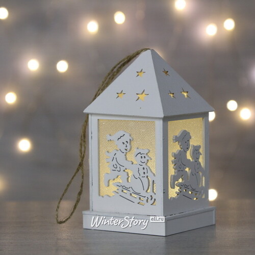 Новогодний домик-фонарик Сияющие огни - Дети на санках 12 см, подвеска Peha