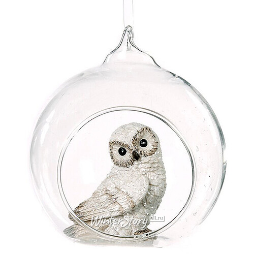 Стеклянный шар с композицией Любопытная Птичка - Белая Сова 9 см, подвеска Goodwill