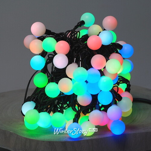 Светодиодная гирлянда Шарики 15 м, 25 мм, 100 разноцветных LED с быстрой динамикой, черный каучук, соединяемая, IP44 Snowhouse