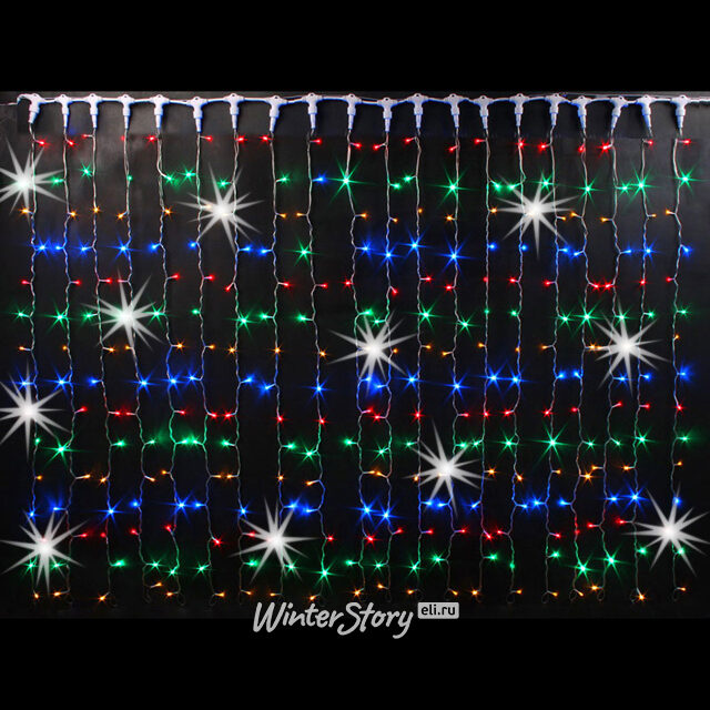 Светодиодный занавес 2*3 м, 600 разноцветных LED ламп, мерцание, прозрачный СИЛИКОН+ПВХ, соединяемый, IP54 Rich Led