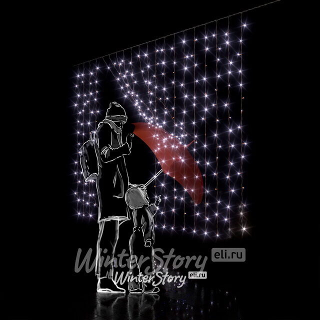 Светодиодный занавес 2*1.5 м, 300 холодных белых LED ламп, черный КАУЧУК+ПВХ, соединяемый, IP54 Rich Led