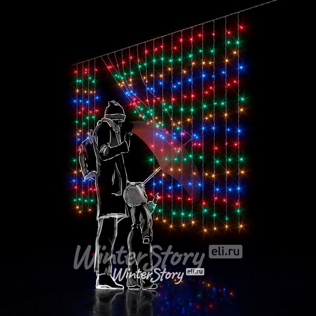 Гирлянда Дождь Rich Led Cap 2*1.5 м, 300 разноцветных LED ламп, белый ПВХ, соединяемая, IP65 Rich Led