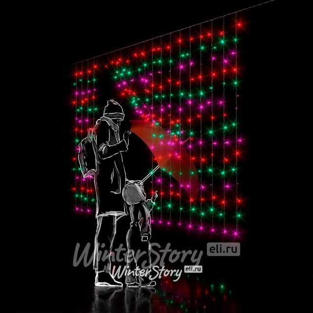 Светодиодный занавес 2*1.5 м, 300 разноцветных LED ламп, прозрачный СИЛИКОН+ПВХ, соединяемый, IP54 Rich Led