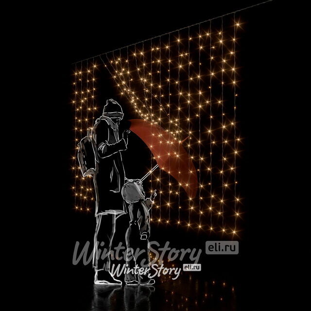 Светодиодный занавес 2*1.5 м, 300 теплых белых LED ламп, прозрачный СИЛИКОН+ПВХ, соединяемый, IP54 Rich Led