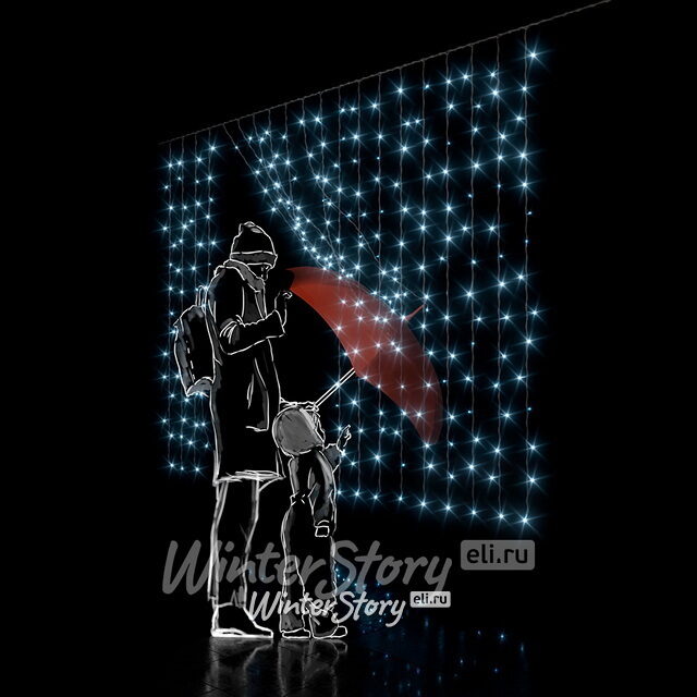Светодиодный занавес 2*1.5 м, 300 холодных белых LED ламп, мерцание, прозрачный СИЛИКОН+ПВХ, соединяемый, IP54 Rich Led