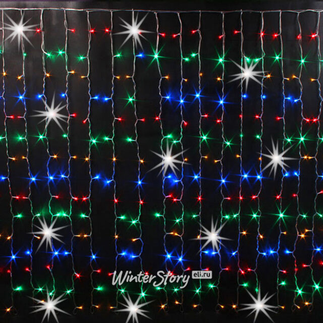 Гирлянда Дождь Rich Led Cap 2*1.5 м, 300 разноцветных LED ламп, мерцание, белый ПВХ, соединяемая, IP65 Rich Led