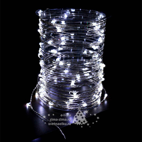 Светодиодная гирлянда на проволоке Роса 100 холодных белых MINILED ламп 10 м, серебряная проволока BEAUTY LED