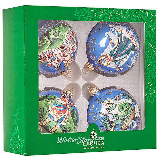 Набор стеклянных елочных шаров Царевна-Лягушка 8 см, голубой, 4 шт Фабрика Елочка