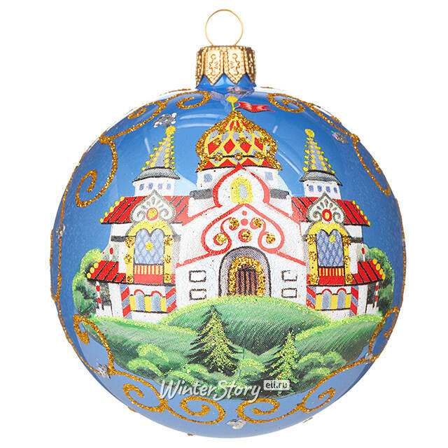 Набор стеклянных елочных шаров Царевна-Лягушка 8 см, голубой, 4 шт Фабрика Елочка
