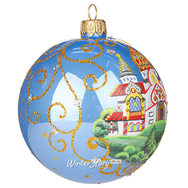 Набор стеклянных елочных шаров Царевна-Лягушка 8 см, голубой, 4 шт Фабрика Елочка