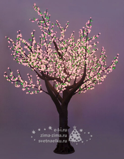 Светодиодное дерево "Сакура с листьями" с "натуральным" стволом, 250 см, уличное, 864 LED, белые цветы с зелеными листьями BEAUTY LED