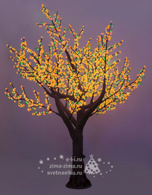 Светодиодное дерево "Сакура с листьями" с "натуральным" стволом, 250 см, уличное, 864 LED, желтые цветы с зелеными листьями BEAUTY LED