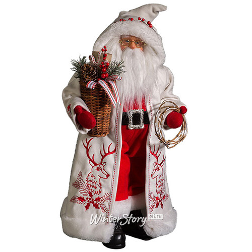 Санта в белой шубе с оленями и корзиной подарков 45 см Holiday Classics