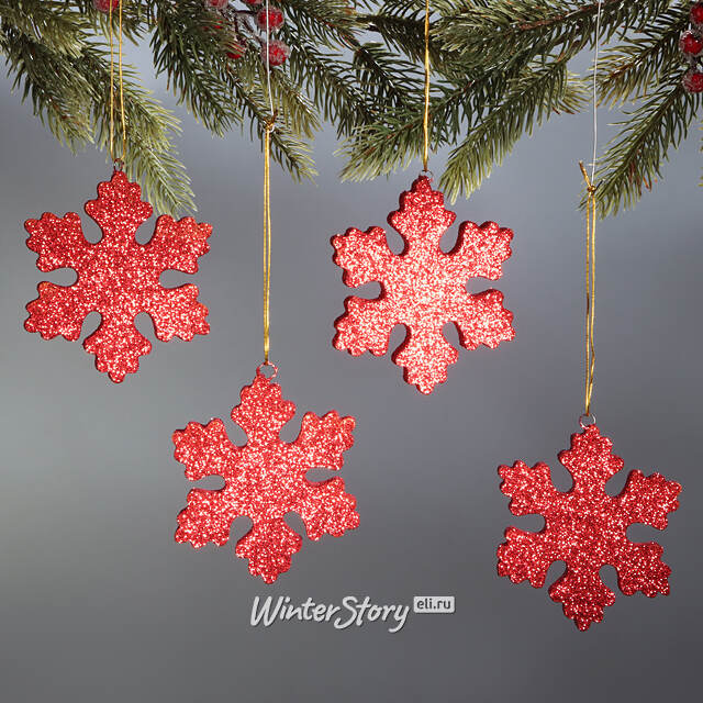 Елочная игрушка Снежинка Облако 10 см красная, 4 шт, пеноплекс МанузинЪ