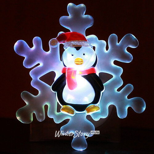 Светящееся украшение на присоске Снежинка с Пингвином 10 см, RGB на батарейке Snowhouse