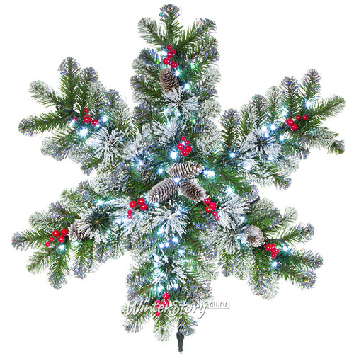 Хвойная снежинка с лампочками Фьюжн Кристальная с ягодами и шишками 70 см, ЛЕСКА + ПВХ Царь Елка