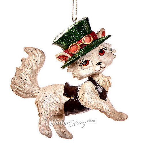 Елочное украшение "Жемчужный котенок" в зеленой шляпе, 9 см, подвеска Goodwill
